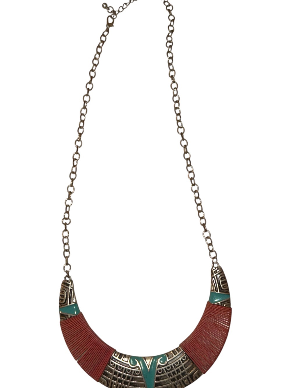 Boho Tribal Crescent Necklace in Teal and Brown